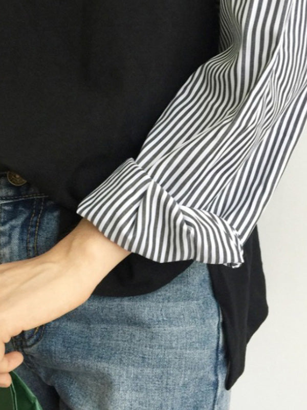 Striped Split-Joint Plus Size Loose Long Sleeve Shirt Tops