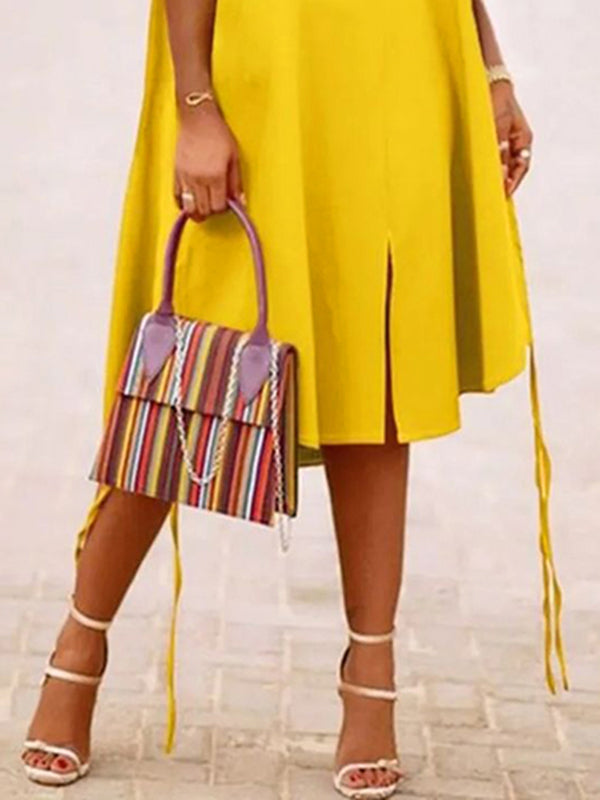 A-Line Sleeveless Solid Color Split-Joint Split-Side Streamer V-Neck Midi Dresses