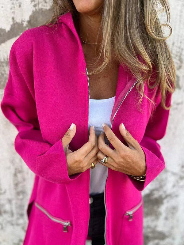Hooded Long Sleeves Pockets Solid Color Split-Joint Zipper Outerwear