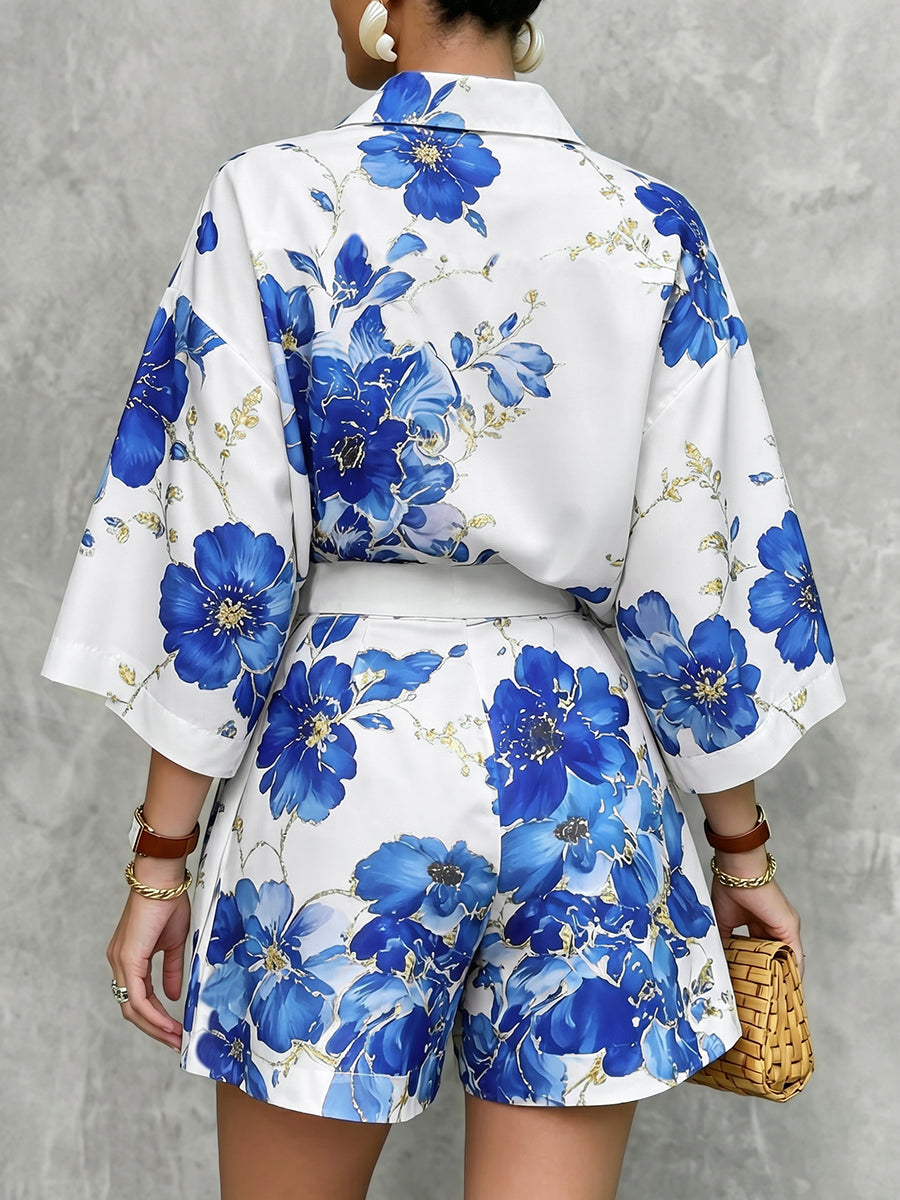 Loose Short Sleeves Buttoned Flower Print Lapel Blouses&Shirts Tops
