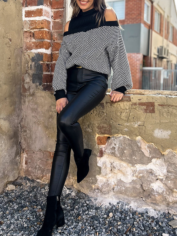 Loose Puff Sleeves Contrast Color Split-Joint Cold Shoulder Sweater Tops
