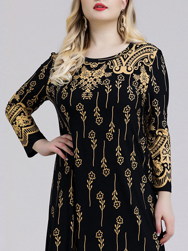 Long Sleeves Plus Size Printed Split-Joint Round-Neck Maxi Dresses