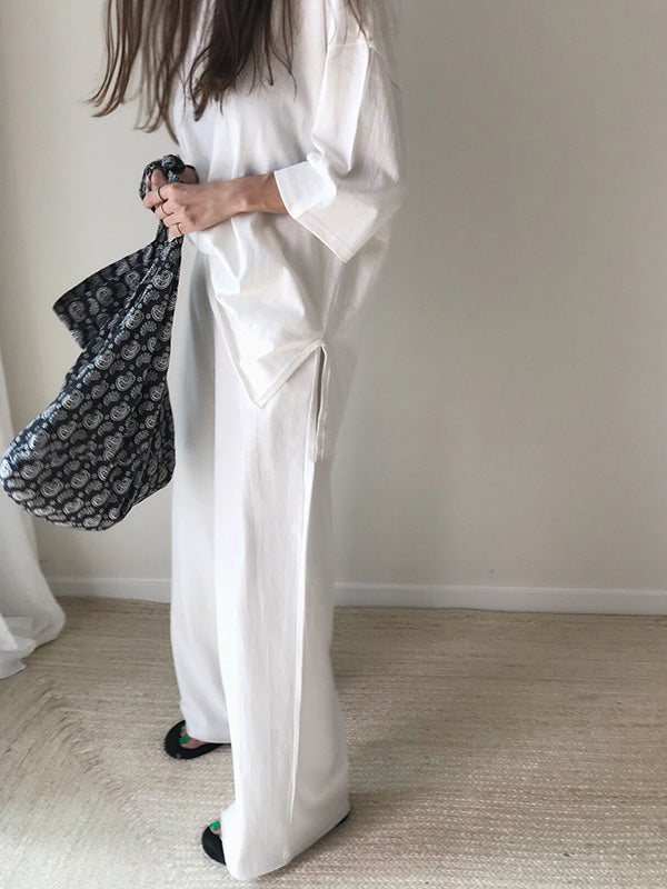 Loose Fringed Solid Color Split-Side Round-Neck T-Shirt+ Pants Two Pieces Set