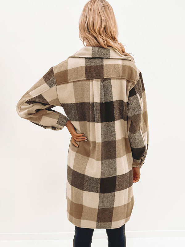 Long Sleeves Loose Buttoned Plaid Lapel Outerwear