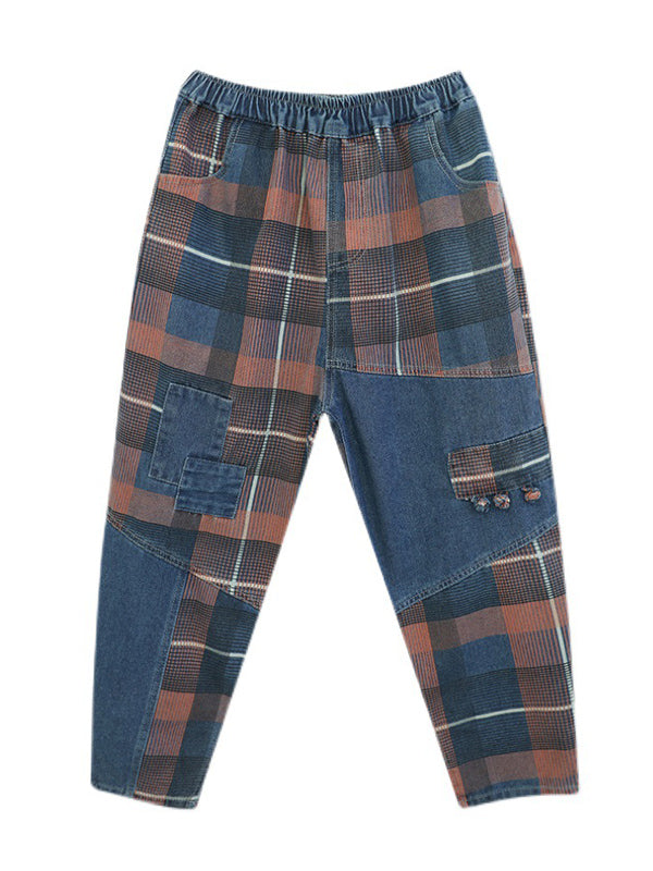 Original Artistic Retro Plaid Jean Pants