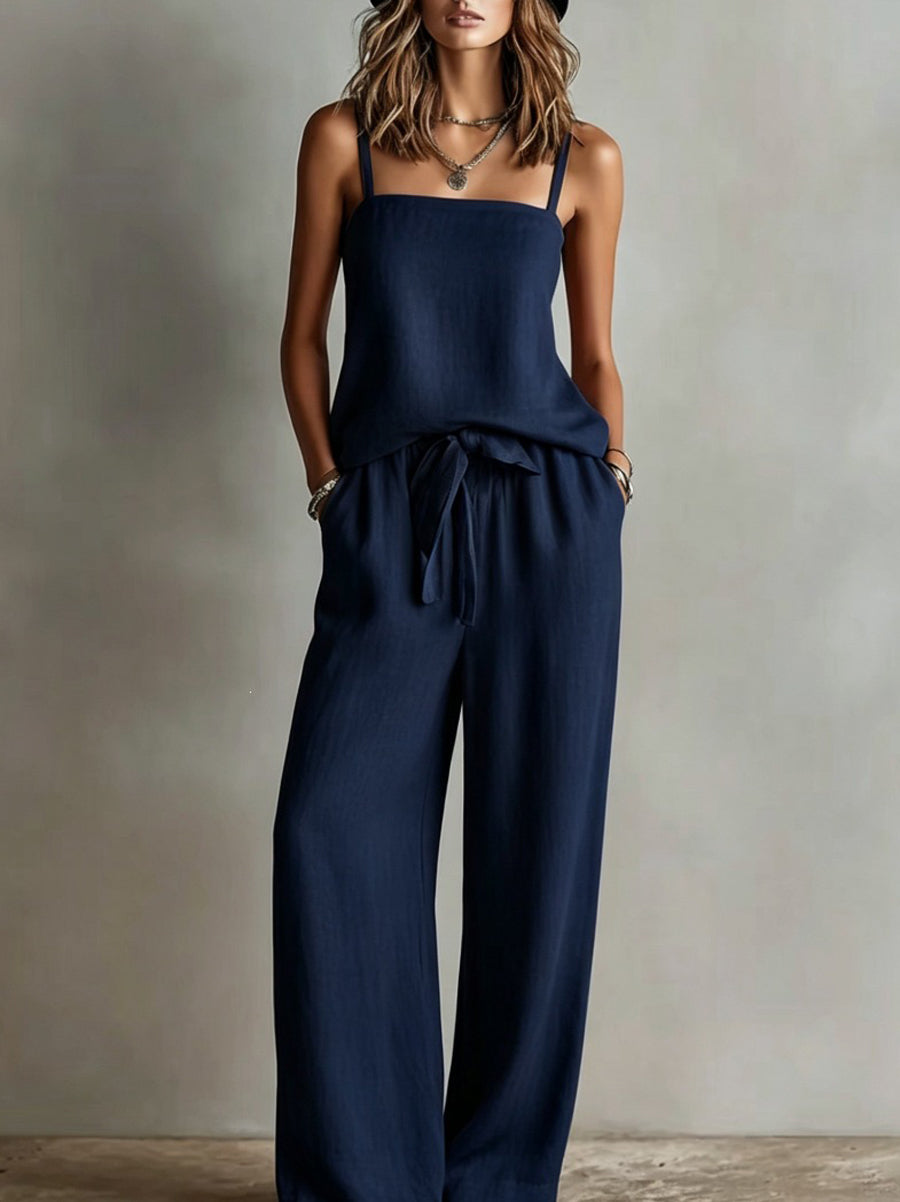 Loose Plus Size Pockets Solid Color Tied Spaghetti-Neck Vest Top + Pants Bottom Two Pieces Set