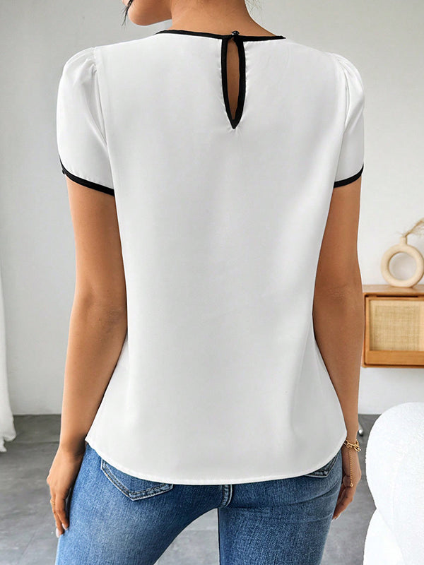 Loose Short Sleeves Hollow Pleated Round-Neck Blouses&Shirts Tops