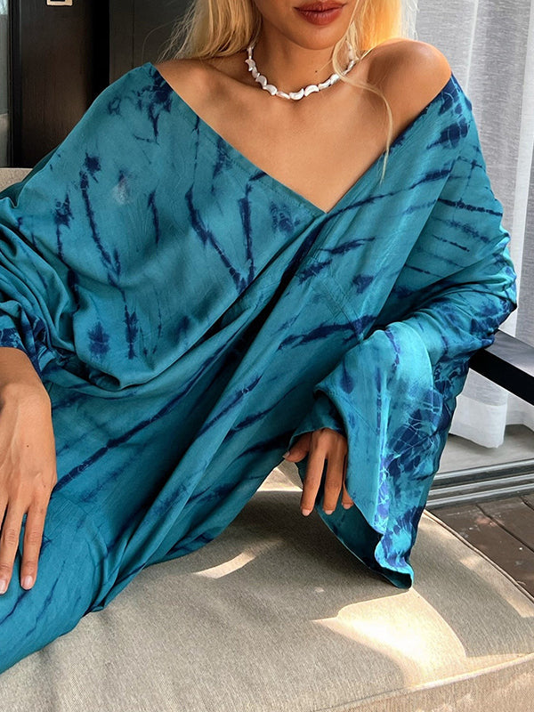 Loose Raglan Sleeve Printed Split-Joint V-Neck Maxi Dresses