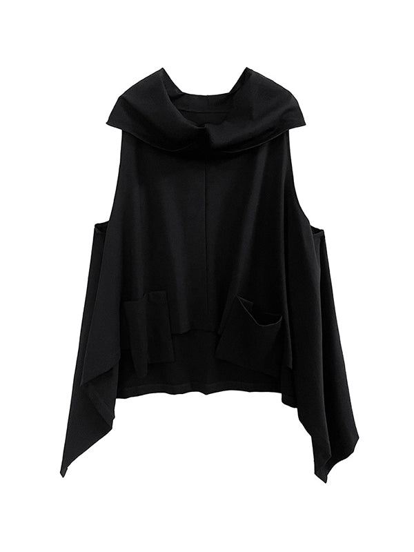 High-Low Irregular Clipping Hooded Solid Color Heaps Collar Vest Top