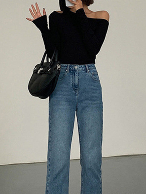 Long Sleeves Skinny Asymmetric Hollow Solid Color Split-Joint One-shoulder T-shirts