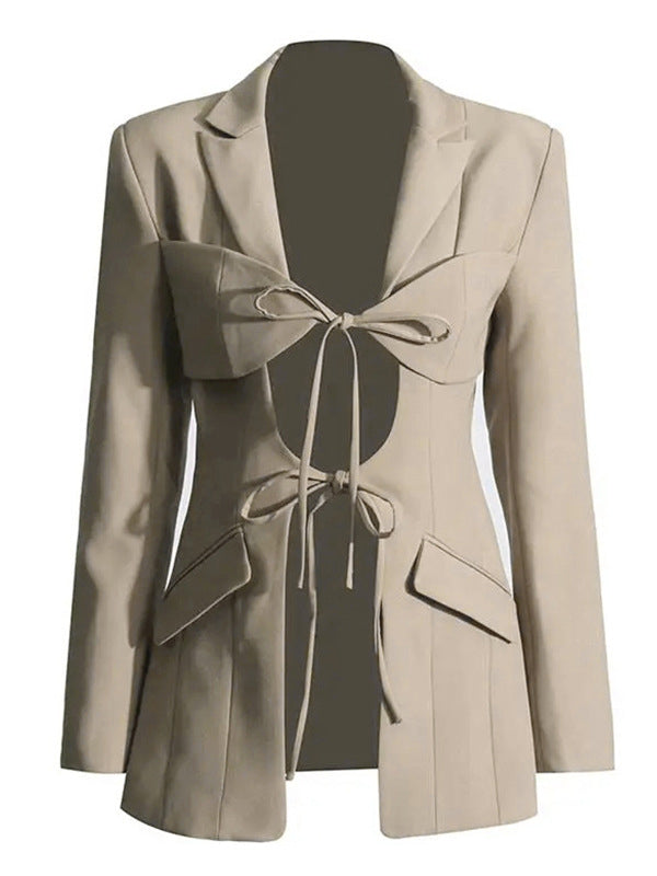 Long Sleeves Loose Pockets Solid Color Tied Notched Collar Blazer Outerwear