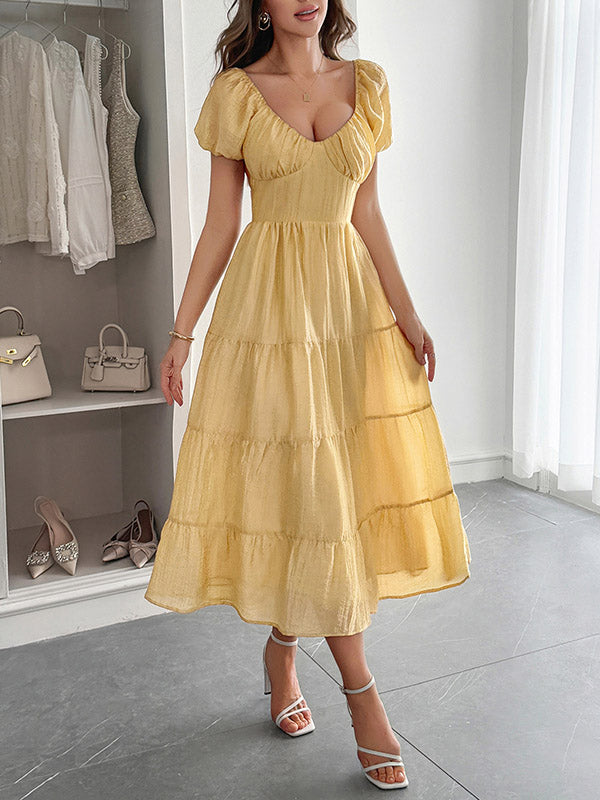 A-Line Loose Backless Pleated Solid Color Tied V-Neck Midi Dresses