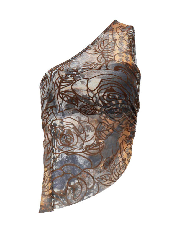 Loose Skinny Asymmetric Pleated Printed One-Shoulder Vest Top