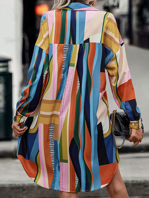 A-Line Long Sleeves Buttoned Contrast Color Lapel Midi Dresses Shirt Dress