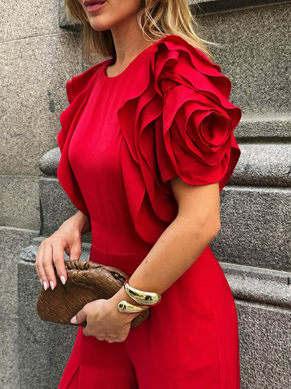 Loose Short Sleeves Falbala Solid Color Round-Neck Jumpsuits