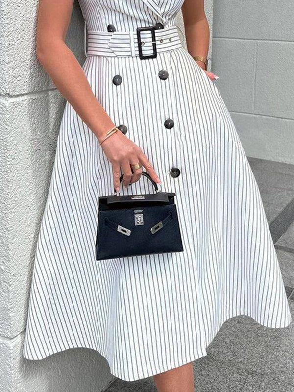 A-Line Sleeveless Split-Joint Striped Tied Waist Lapel Midi Dresses Shirt Dress