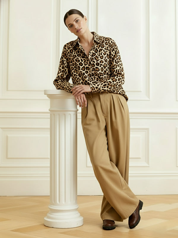 Long Sleeves Buttoned Leopard Lapel Blouses&Shirts Tops