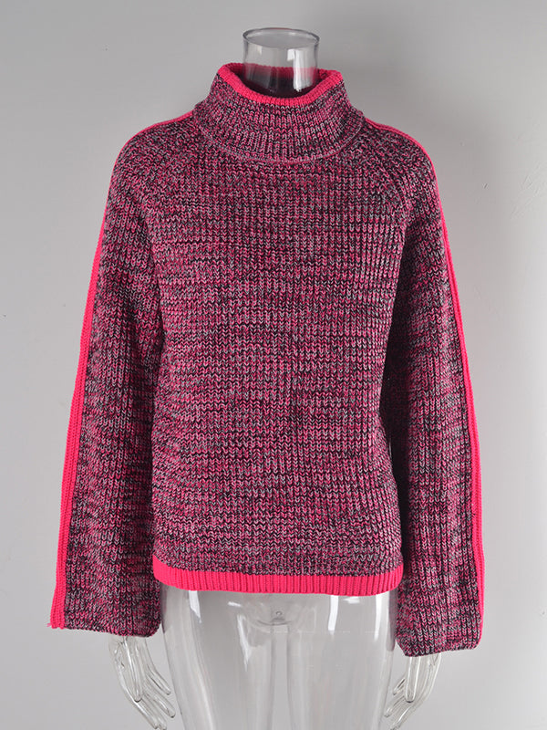 Casual Long Sleeves Loose Contrast Color Half Turtleneck Sweater Tops
