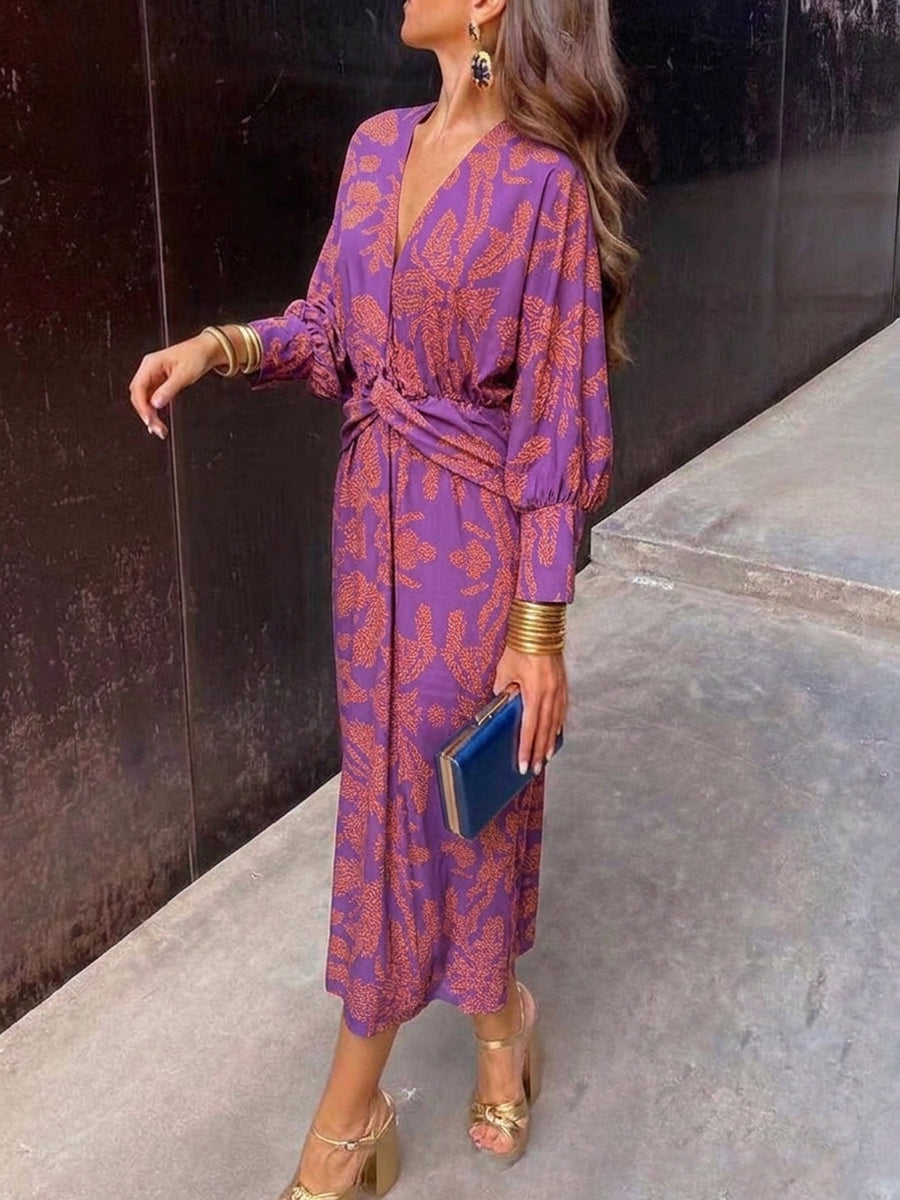 High Waisted Long Sleeves Contrast Color Knot Printed Deep V-Neck Midi Dresses