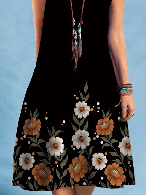 Loose Plus Size Flower Print V-Neck Mini Dresses