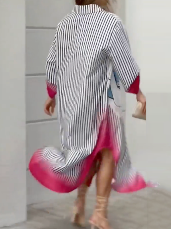 Long Sleeves Loose Asymmetric Printed Striped Lapel Collar Midi Dresses