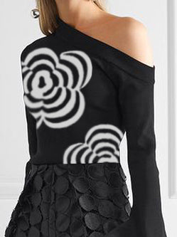 Long Sleeves Loose Flower Print One-Shoulder T-Shirts Tops