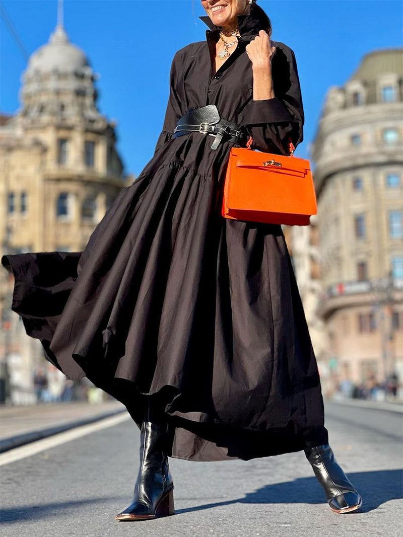 Long Sleeves Loose Buttoned Solid Color Lapel Maxi Dresses