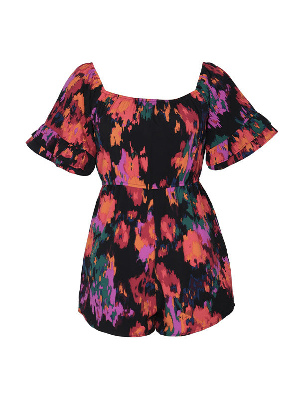 Flared Sleeves Half Sleeves Drawstring Elasticity Pockets Printed Split-Joint Off-The-Shoulder Rompers
