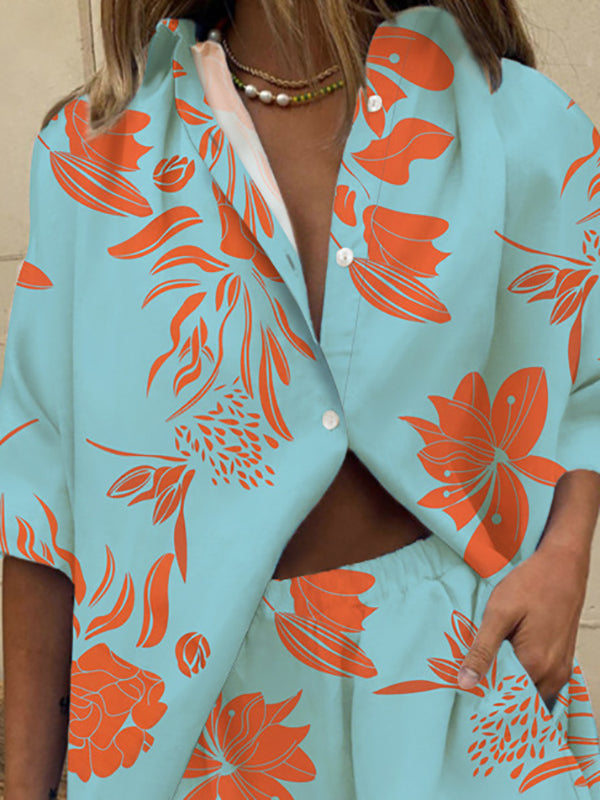 Loose Three-Quarter Sleeves Buttoned Leaves Print Lapel Blouses Tops + Pockets Elasticity Shorts Bottom Two Pieces Set