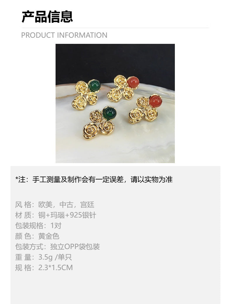 法式中古vintage耳钉复古宫廷玛瑙耳环不规则花朵耳饰925银针批发