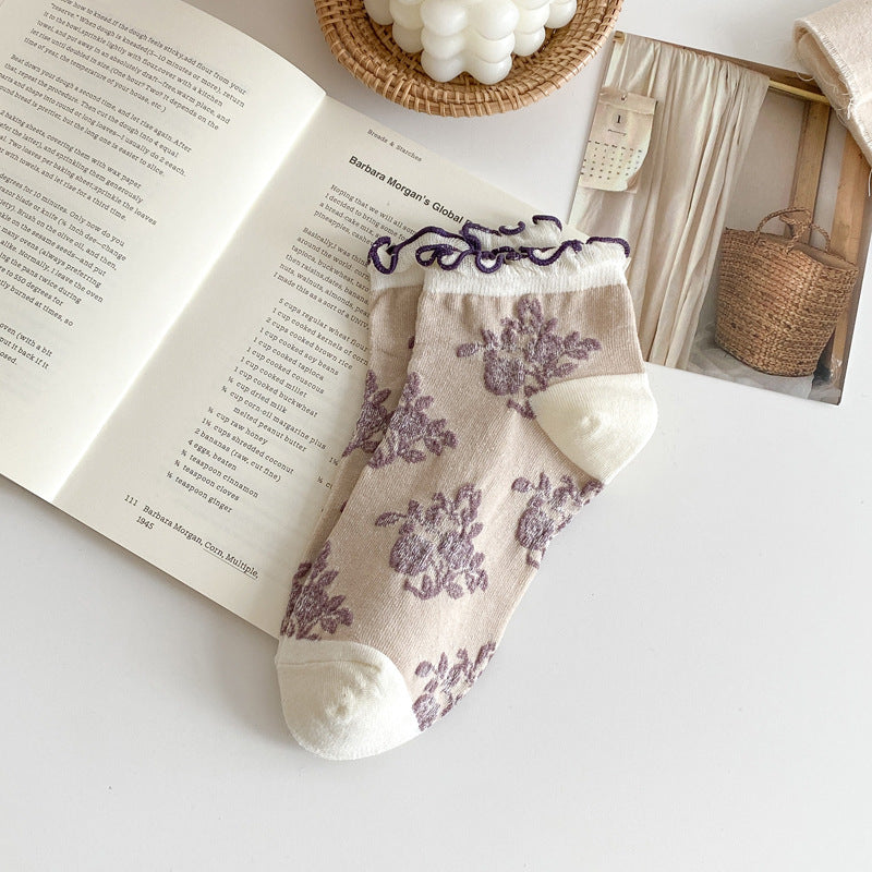 5 Pairs Spring Summer Lightweight Vintage Color-Block Ruffle Socks