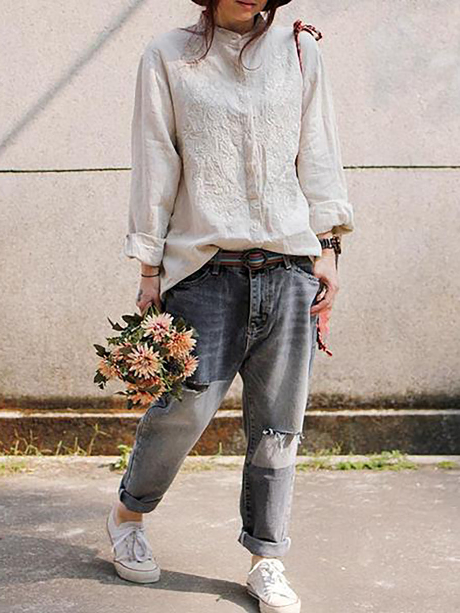 Plus Size - Women Retro Embroidered Loose 100% Linen Shirt