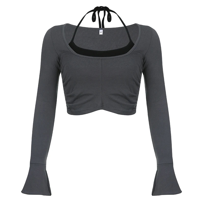 fashion Flare Sleeve Color Contrast Two-piece Top Set Halter Crop Casual Streetwear 90s Vinatge Suit Hottie Basic Twinset