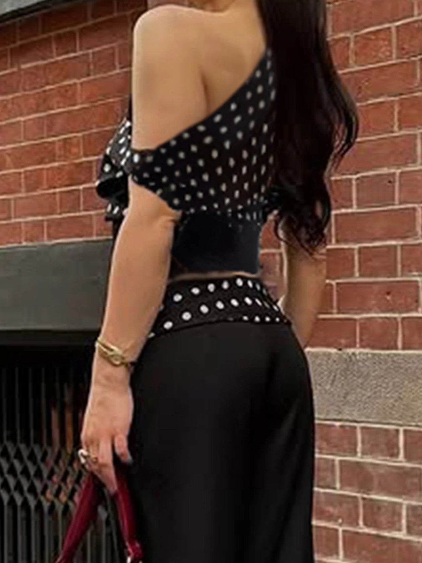 fashionPolka Dot Slim Patchwork Skew Collar Top Casual Chic Vintage Sleeveless Summer Clothings Streetwear Basic T-shirt