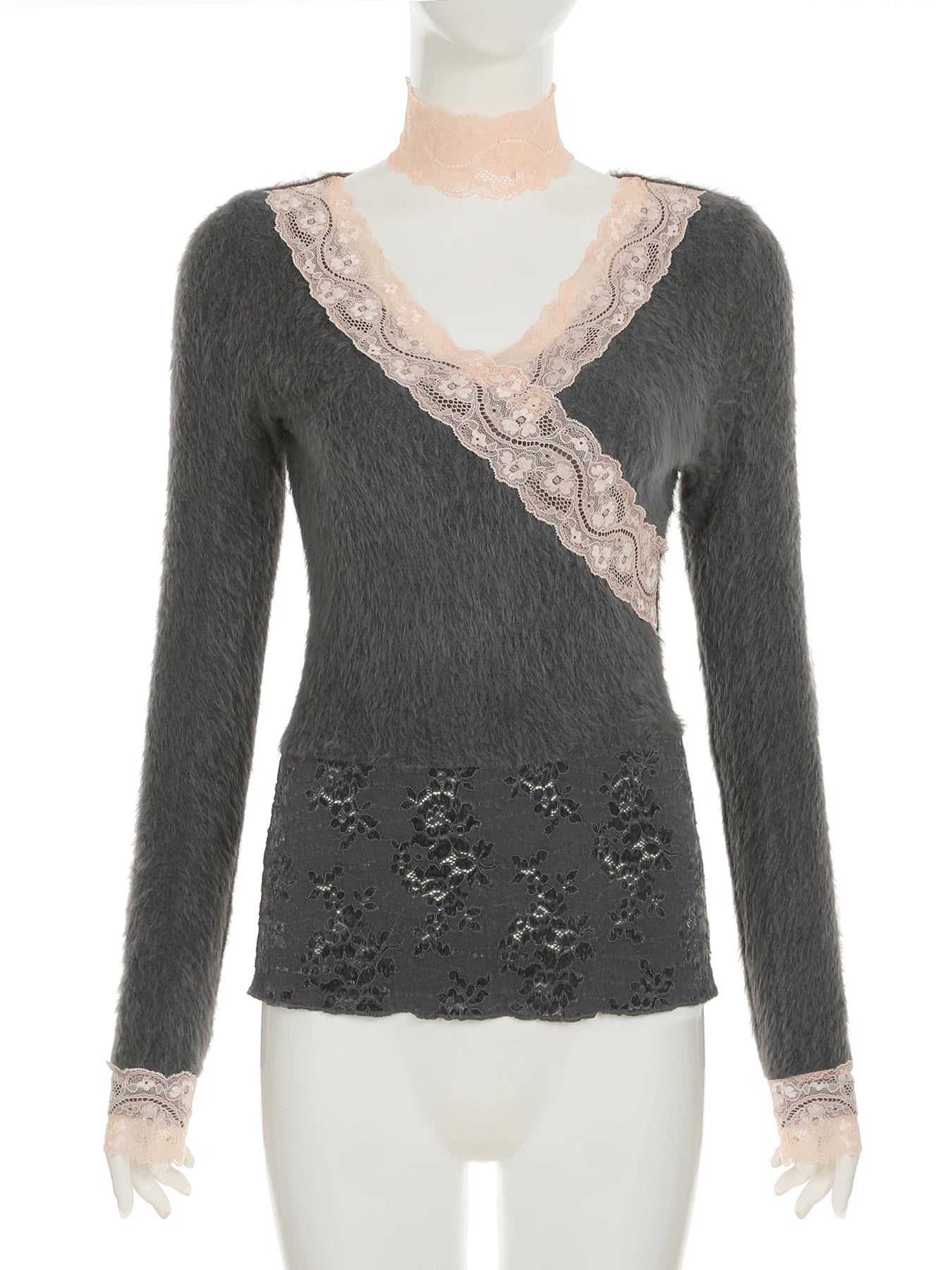 fashion V-neck Korean Aesthetic Slim Tops Lace Patchwork Floral Tee Shirts Hot Sweet Casual Fashion Chic Women's Outfits