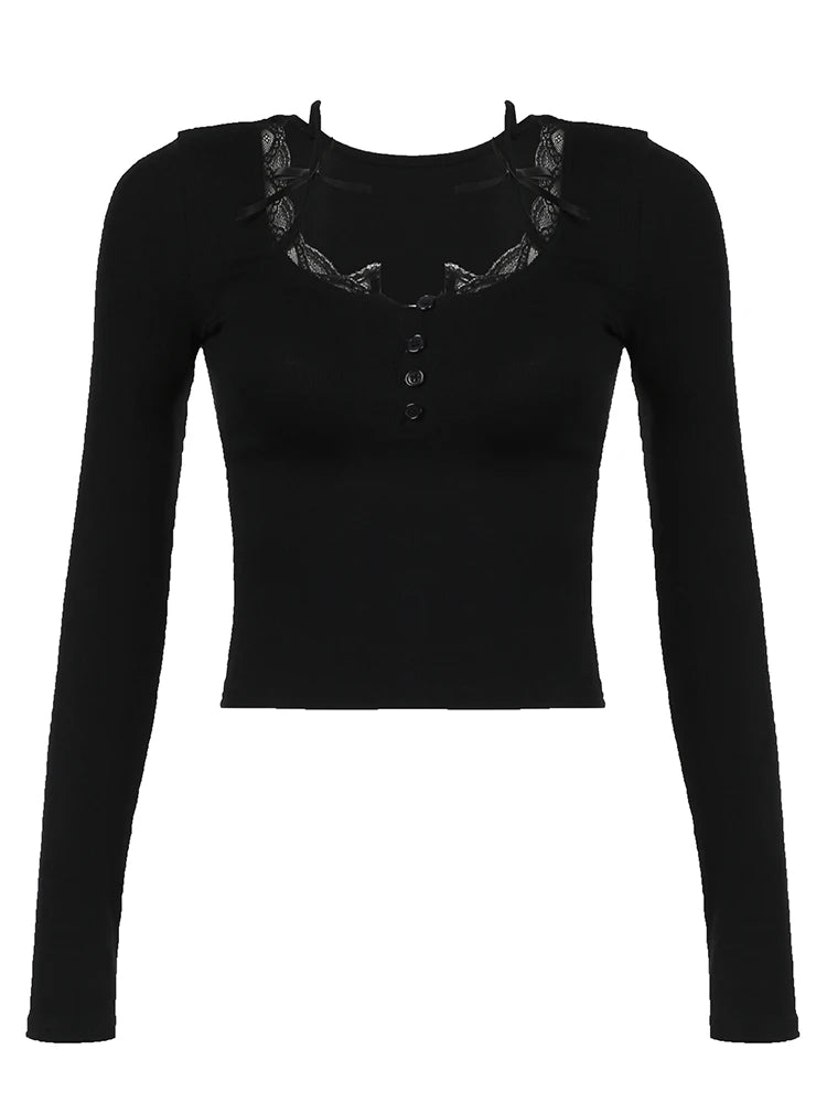 fashion Vintage Lace Patchwork Bows Button T-shirts Square Collar Solid Chic Long Sleeves Outfits Strap Retro Casual Cloth