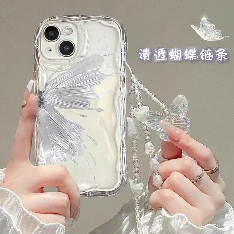 Korean Butterfly Lanyard Case For Huawei Honor 90 Lite 20 50 SE Nova 5T 11 7 9 10 P30 P40 Mate 30 40 Pro Hang Chain Clear Cover