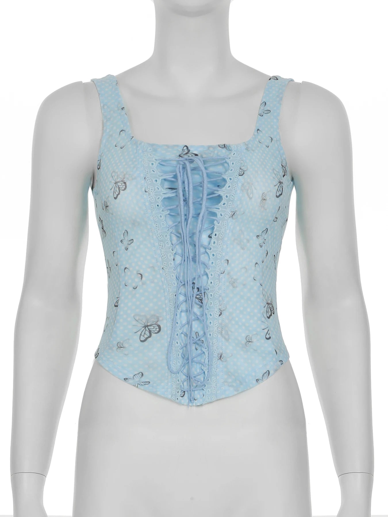 fashion Blue Bandage Butterfly Print Camisole Vintage Streetwear Slim Backless Elastic Top Summer Hottie Aesthetic Bustier