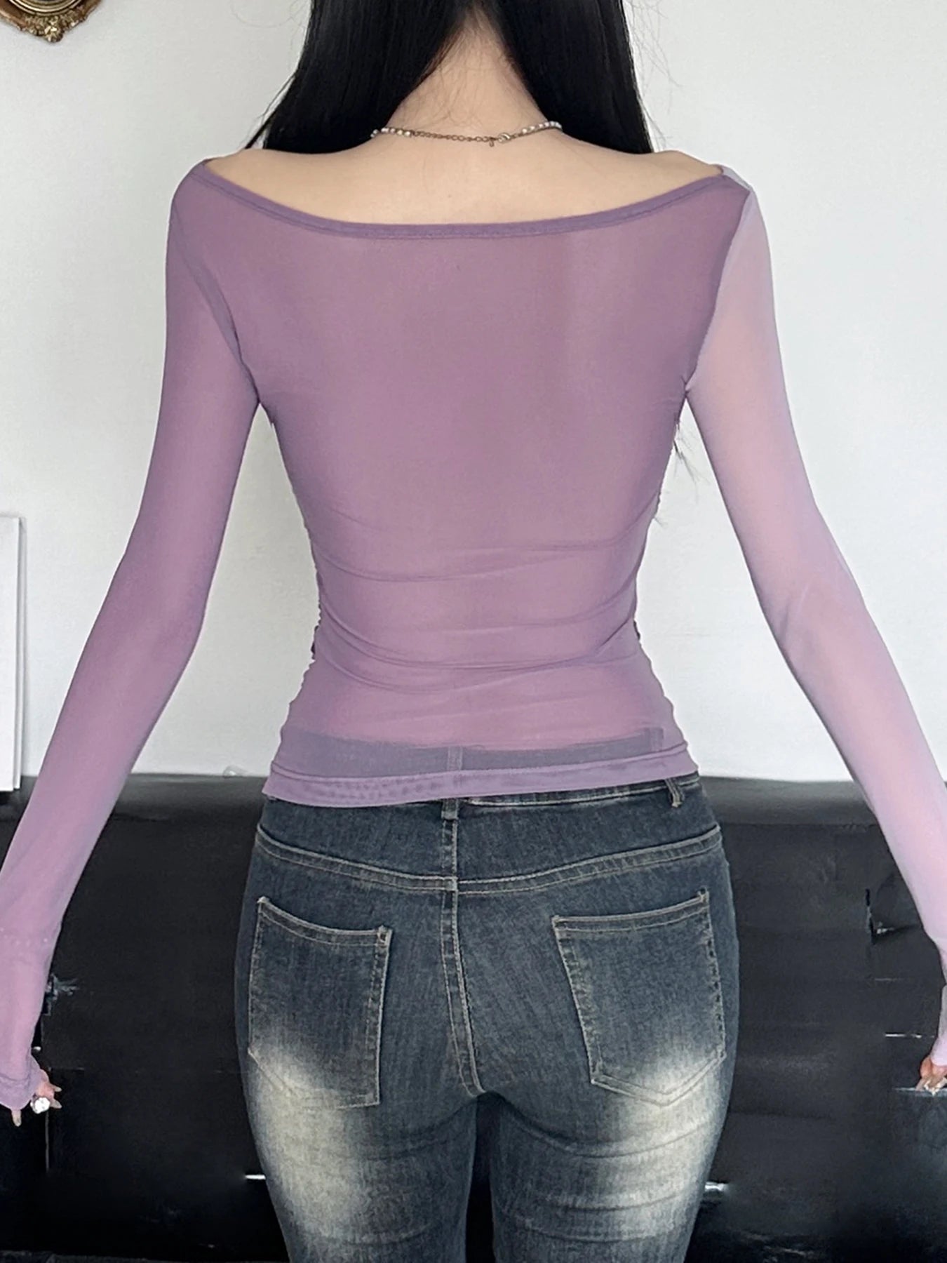 fashion Patchwork Asymmetry Slim Tee Shirts Long Sleeves V-neck Aesthetic Fashion Clothes Vintage Solid Women's Streetwear