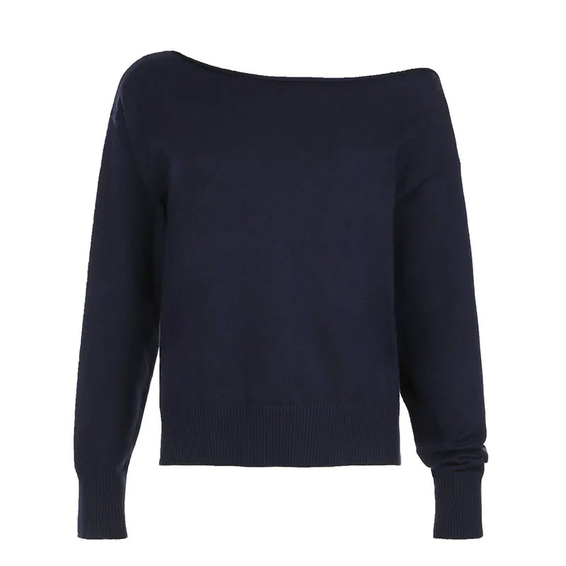 fashion Skew Collar Solid Knit Pullovers Autumn Fashion Casual Loose Sweaters All-match Korean Chic Women's Outfits 90s