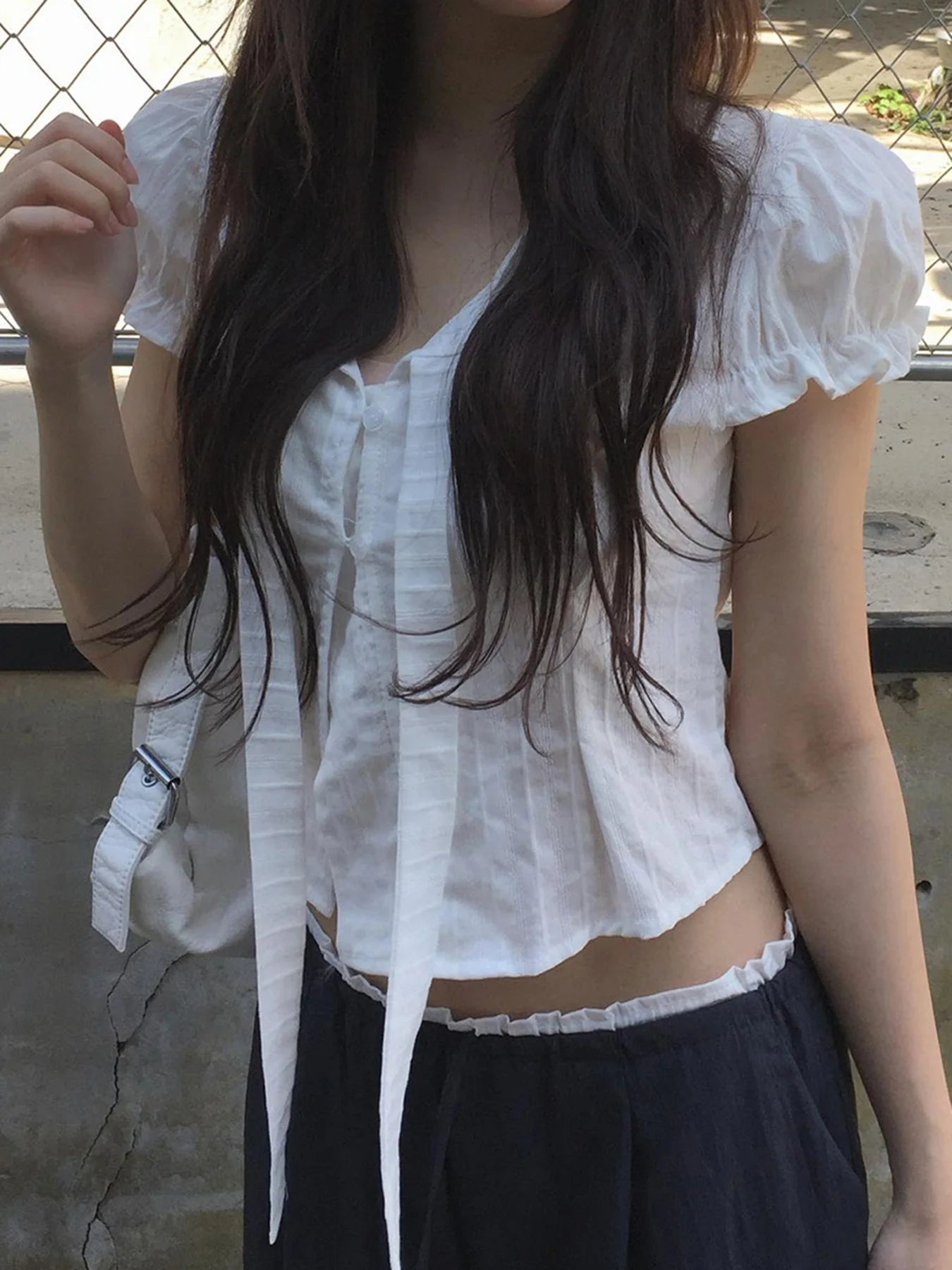 fashionPuff Sleeve Sexy Solid Lace-up T-shirt Slim Crop Short Sleeved Summer Streetwear Sweet Clothings Button Casual Top