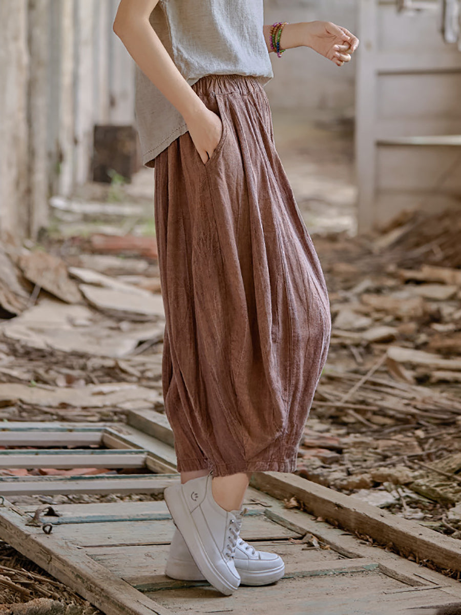 Women Retro Summer Pure Color Linen Harem Pants