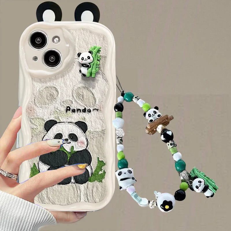 Chain Case For Xiaomi Redmi Note 13 14 Pro Plus 5G 12 4G 8 11 10 9 12 12S 13C 12C 10C 9C 9A A1 A2 A3 Cartoon 3D Panda Ears Cover