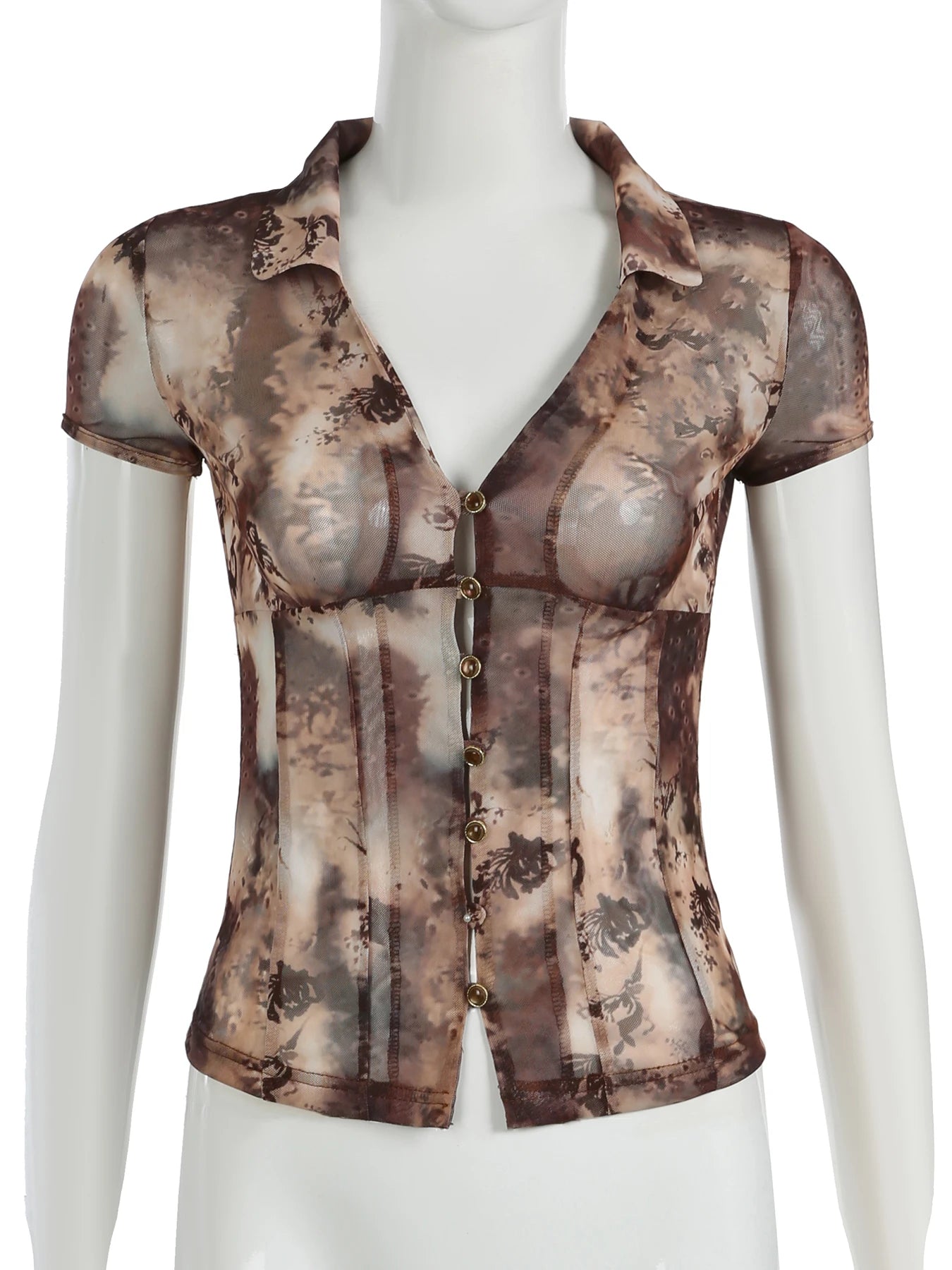 fashionRetro Floral Print Lapel Slim T-shirt Hollow Out Button Vintage Chic 90s Streetwear Tees Sexy Elastic Fashion Tops