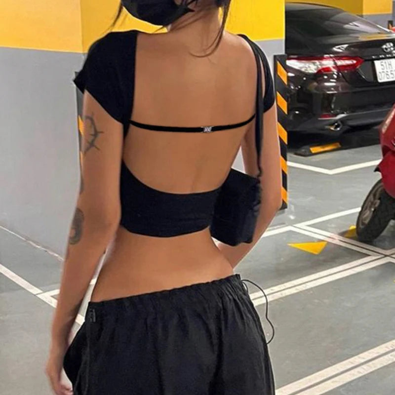 fashion Backless Short Sleeves Crop Tops Crewneck Solid Black 90s Slim Outfits Streetwear Sexy Slim Casual Women's Cloth