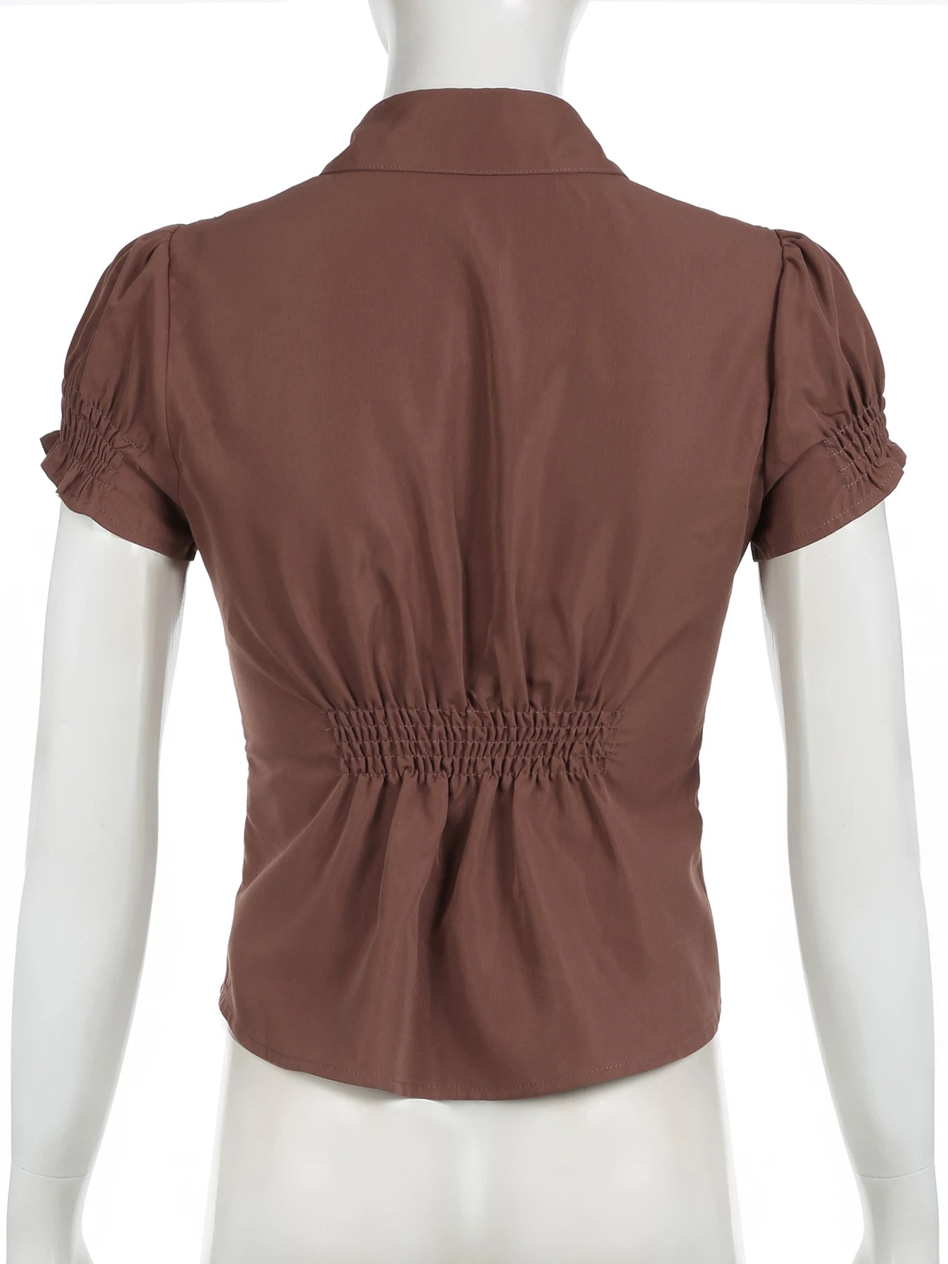 fashion Button Fold Solid Shirring T-shirt Casual Streetwear Vintage Chic Short Sleeved Summer Tees Brown 90s Slim Blouses