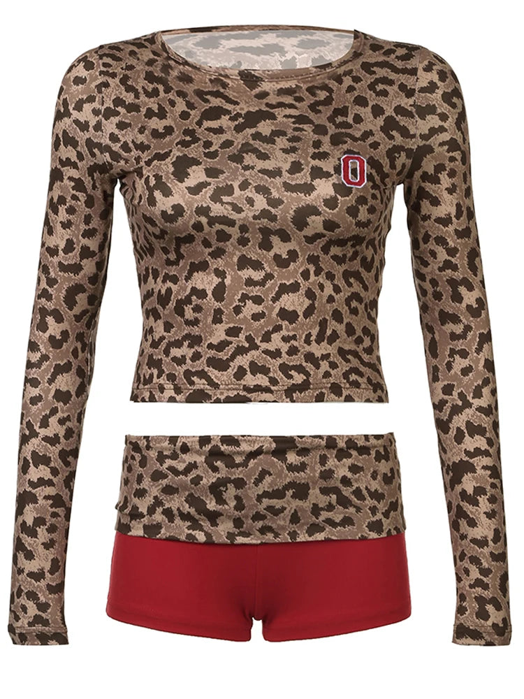 fashion Crewneck Y2K Vintage Two Pieces of Sets Leopard Print Tee Shirts anf Patchwork Shorts Outfits Women's Slim Cloth