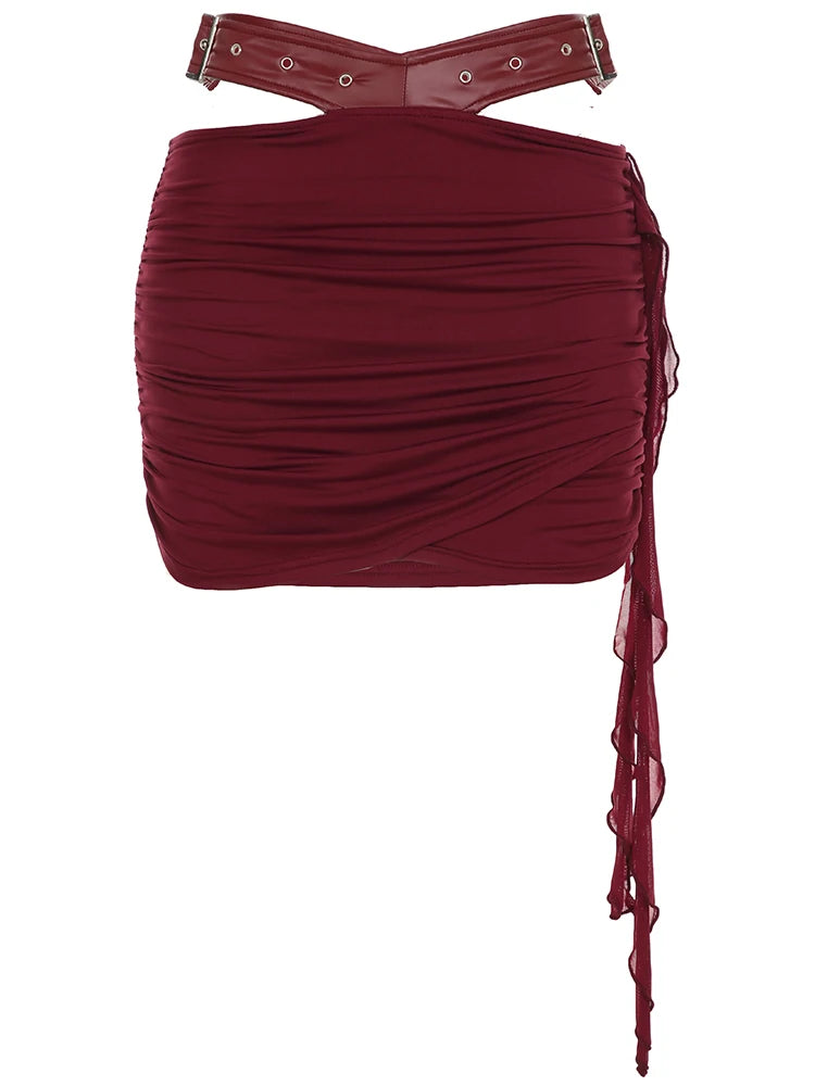 fashionSexy Backless Wine Two Pieces of Sets Women's Vintage Harajuku Chic Vest and Mini Skirts Casual Lace Up Clubwear