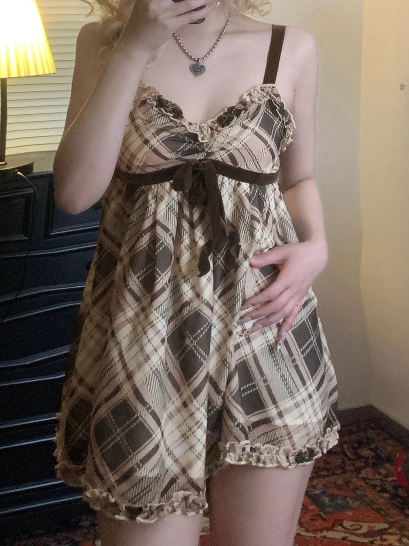 fashion Vintage Y2K Plaid Print Camisole Ruched Harajuku Aesthetic A-line Tops Sleeveless Retro Cute Korean Outfits