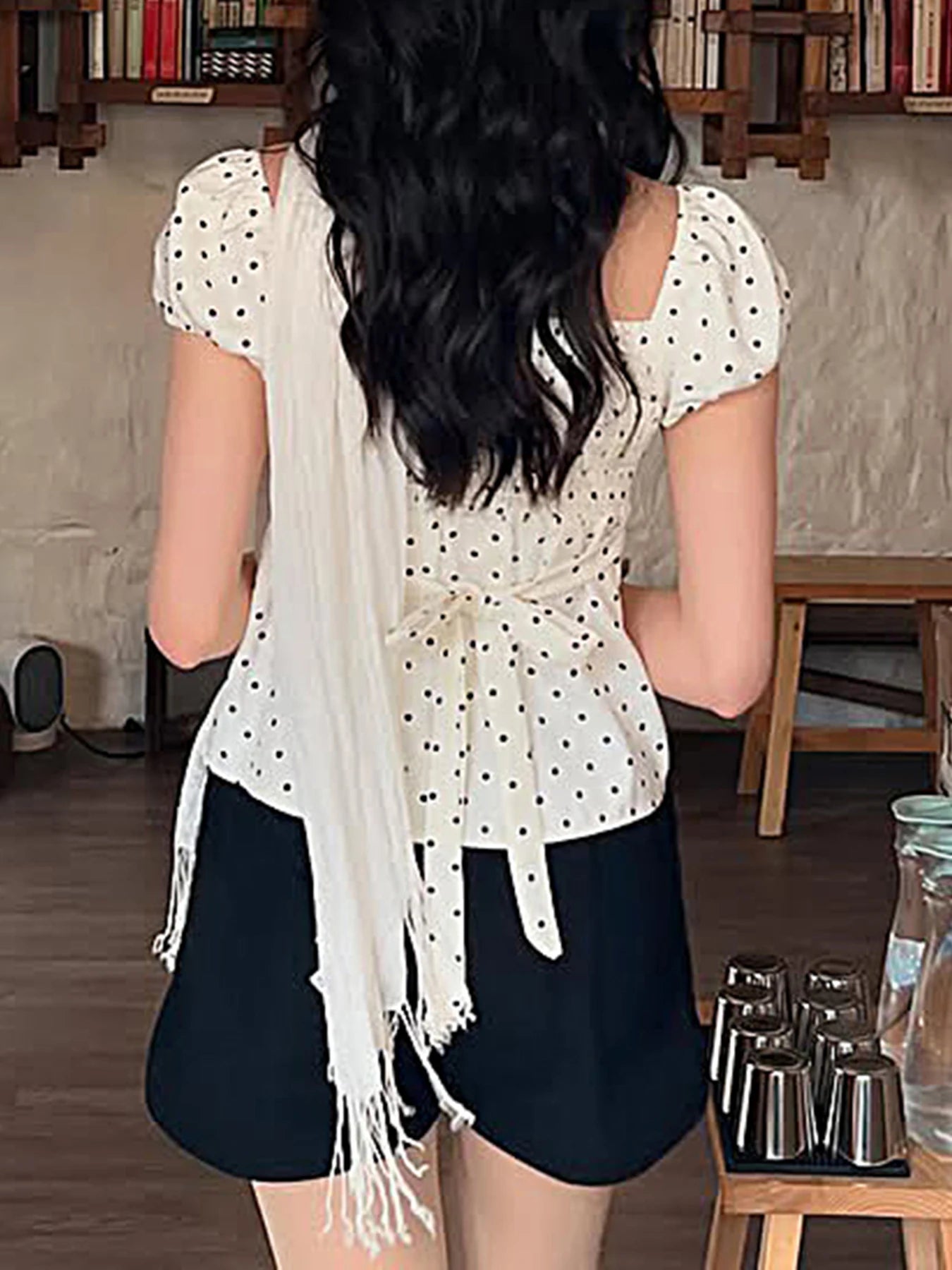fashion Polka Dot Slim Buttom Casual Women's Clothing Square Collar Casual Chic Vintage Tops Streetwear Fold Basic T-shirt